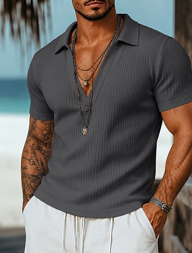  Per uomo Polo Top a Maglia a Coste Casuale Ferie Scollo a V Manica Corta Vacanza Tempo libero Semplice Leggero Traspirante Primavera & Estate Bianco Nero Rosso Blu marino Marrone Grigio Polo