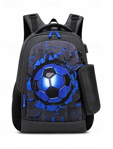 Ensemble sac à dos de football pour garçon, sac d'école imperméable en polyester avec trousse, grand sac à dos à compartiments multiples, imprimé football bleu et noir pour l'école, les voyages, le