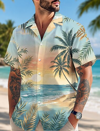 Per uomo Palma di Cocco Piante Tropicali Camicia Camicie hawaiane Camicia con collo camp Manica Corta Hawaiano Quotidiano Ferie Vacanza al Mare Estate Primavera Colletto cubano Stampa 3D Blu Giallo