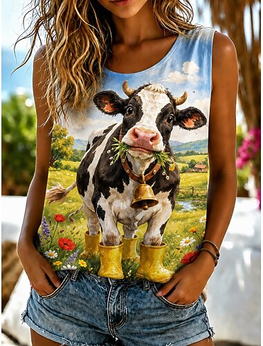  Mujer Tanque Graphic Animal Vaca Vintage Elegante Casual Sin Mangas Cuello Barco Tops regulares Casual Diario Ropa de vacaciones Azul Piscina Caqui Verano Primavera