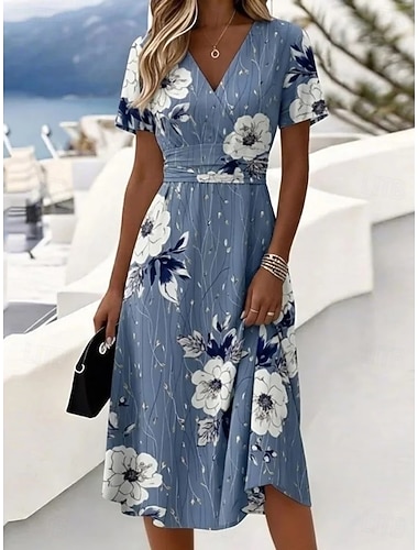  Damen Midikleid Shiftkleid Urlaub Lässig Boho Täglich Sommerkleid Frühlingskleid Normale Passform Blumen Grafik Blatt Kurzarm V Ausschnitt Blau Weiß Hellgrün Grün Sommer Frühling