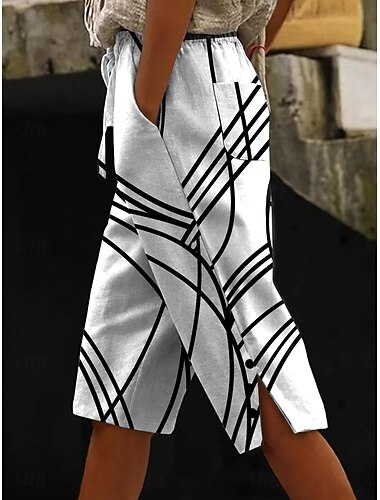 Damen Shorts aus Baumwollleinen Caprihose Urlaub Vintage Küsten-Oma-Stil Wadenlang Mittlere Taille Grafik Geometrisch Abstrakt Druck Komfort Unelastisch Täglich Outdoor Urlaub Weiß Dunkelbraun Beige