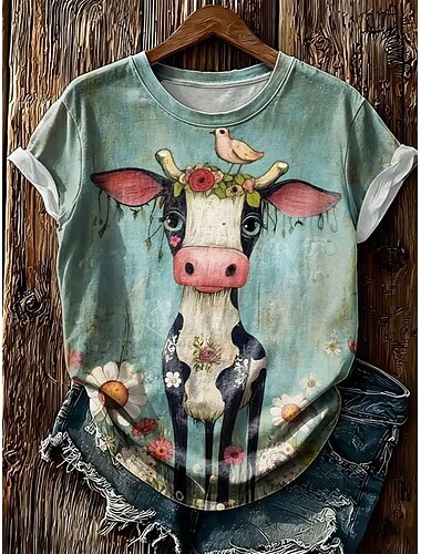  Per donna Maglietta Stampato Grafico Animale Vintage Elegante Classico Manica Corta Girocollo Top Regolari Casuale Quotidiano Blu Rosa Verde Estate Primavera