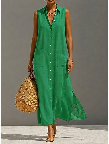  Damen Maxikleid Leinenkleider Vintage Täglich Urlaub Lässiger Schnitt Einfach Ärmellos Hemdkragen Grün Sommer