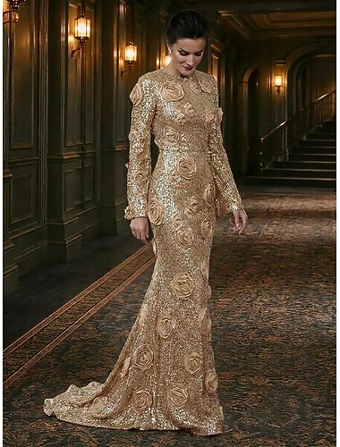  Mořská panna Extra dlouhá vlečka Šaty Večerní šaty Formální šaty Elegantní Večírek Styl celebrit Dlouhý rukáv Tričkový Formální Černá kravata Flitry s Třpytky 3D květiny Flitry