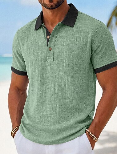  Herren Leinenhemd Poloshirts Lässig Urlaub Klassisch Kurzarm Mode Einfarbig Texture Farbblock Knöpfe Sommer Frühling Normale Passform Hellgrün Grün Grau Leicht Blau Leinenhemd
