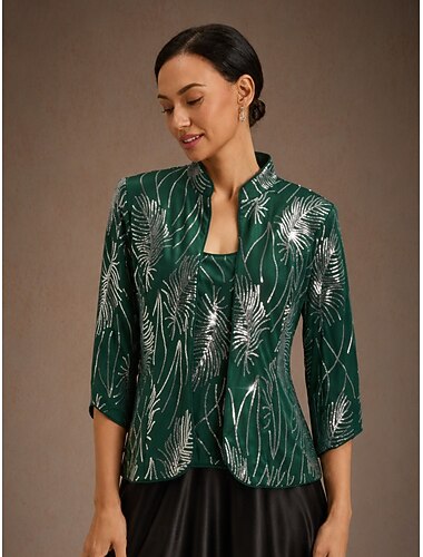  Dames Blouse Geklede topjes Avondtops Pailletten Veer Elegant 3/4 mouw Mandarijn Kraag Normale tops Avond Feest Feestavondkleding Smaragdgroen Lente Herfst Winter