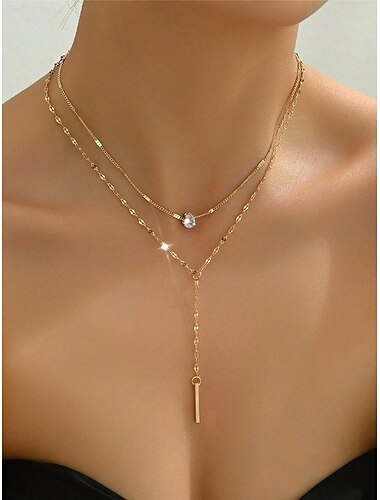  Damesketting met dubbele laag gouden en zilveren staafhanger, minimalistische gelaagde ketting van legering, elegante ketting voor elke dag, geschikt voor vakantie, werk, feestjes en als cadeau.