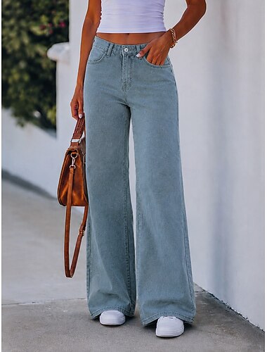  Damen Jeans Jeansstoff Weites Bein Chinos Mode Volle Länge Hohe Taille Schwarz Hellblau Grau Frühling