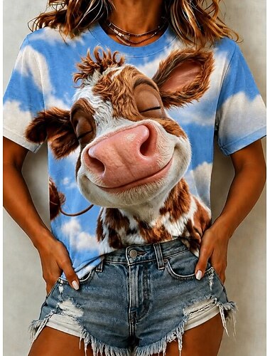  Dam T-shirt Färgblock Mönster Grafisk Djur Giraff Vintage Stylish Klassisk Kortärmad Rund hals Långa toppar Ledigt Dagligen Blå Vit Svart Purpur Sommar Vår