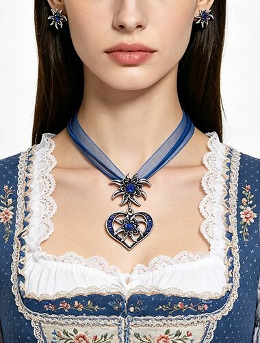  Oktoberfest Set de Bijoux Ensemble collier et boucles d'oreilles Cœur Edelweiss Bavarois Allemand Munich Prairies Femmes Carnaval Fête de la Bière Tissu de style traditionnel