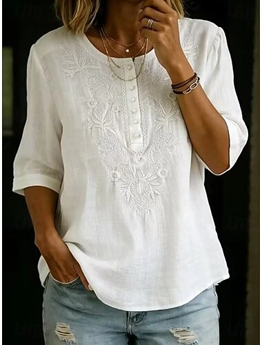  Per donna Camicia Top traforato Camicia Boho Camicia di Pizzo Pizzo Ricamato Elegante Bohemien Vacanza Manica 3/4 Top lunghi Casuale Blu Bianco Giallo Estate Primavera