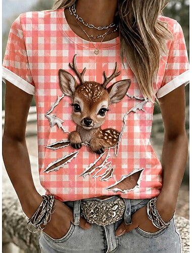  Dames T-shirt Kleurenblok Afdrukken Grafisch dier Kat Vintage Stijlvol Klassiek Korte mouw Strakke ronde hals Normale tops Casual Dagelijks Blozend Roze Rood Oranje Groen Zomer Lente