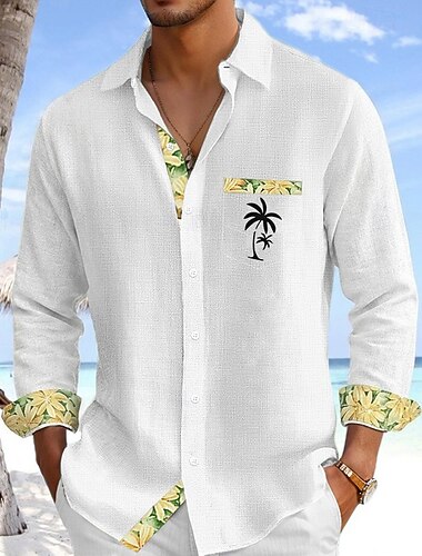  Masculino Camisa Social Camisa de linho camisa de verão camisa de praia camisa de botão Coqueiro Casual Feriado Branco Rosa Azul Céu Verde Manga Longa Aberto para a Lateral Verão Roupa Bolso frontal