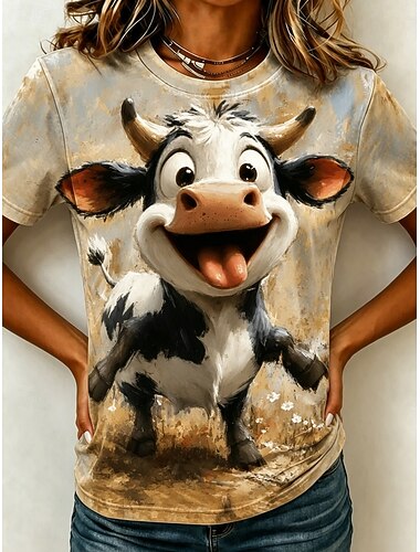  Mujer Camiseta Estampado Graphic Animal Vaca Vintage Elegante Clásico Manga Corta Cuello Barco Tops regulares Casual Diario Azul Piscina Caqui Amarillo Marrón claro Verano Primavera