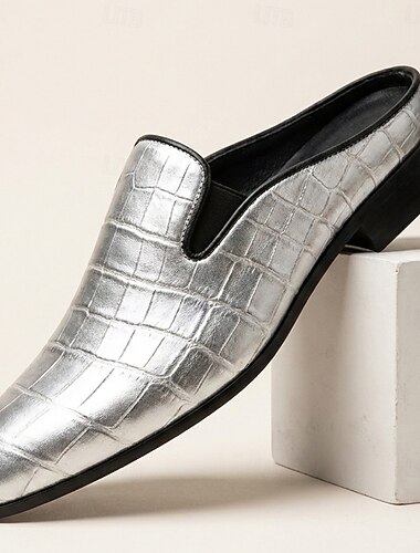  Herrloafers i silver med krokodilprägling – lyxiga slip-on-skor, designerskor i stil med statement-detaljer för bröllop, fester och modeevenemang