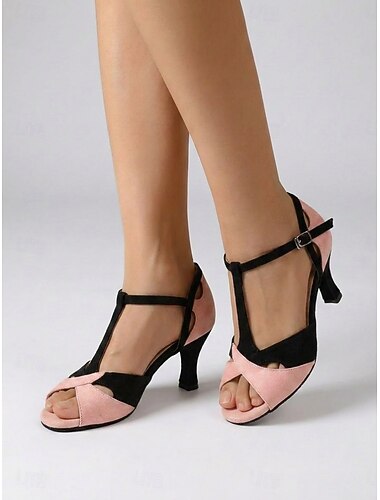  Roze en zwarte damesdansschoenen met T-bandje – color block peep toe ballroomhakken voor salsa, tango en bachata &sociaal dansen