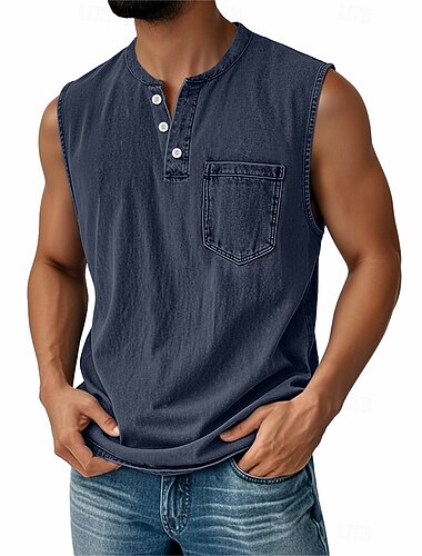  SoftFade™ Férfi Vintage Ujjatlan Ing 100% Pamut Savanyított Ujjatlan Henley Ing Nyár Ősz Egyszínű Klasszikus Vakáció Utca Fekete Póló Férfiaknak