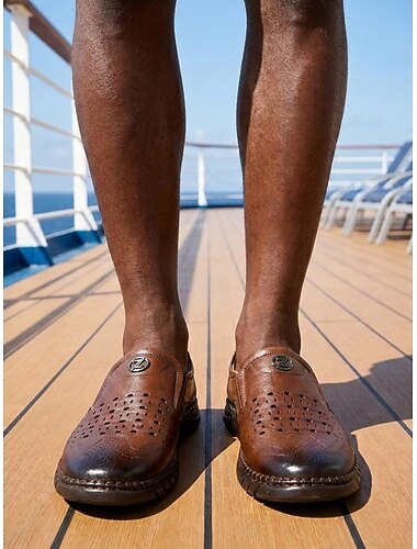  Mocassini marroni da uomo per isole e crociere, scarpe da vacanza slip-on traforate, scarpe casual leggere per ponte, resort, viaggi estivi