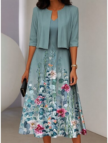  Ensemble de robes pour femmes en deux pièces robe midi avec veste élégante robe en A manches mi-longues robe décontractée semi-formelle imprimé floral ombragé encolure en V rendez-vous rose bleue