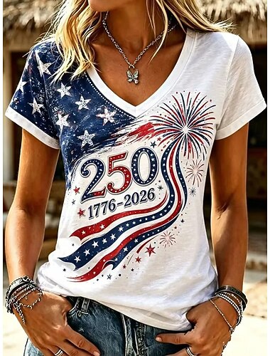 Giorno dell'Indipendenza Americana Per donna Maglietta Stampato Grafico Bandiera Lettera Vintage Elegante Classico Manica Corta Scollo a V Top Regolari Casuale Quotidiano Blu Bianco Nero Rosso Estate