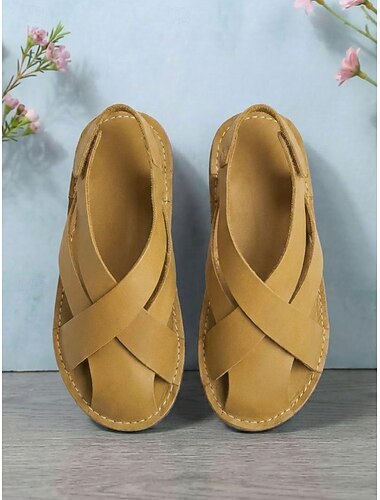  gule damesandaler med bred passform i imitert skinn - komfortable, flate sandaler med kryssreim og myk, magisk tape, lette sommersko med lukket tå for reise, ferie og fritidsbruk