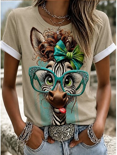  Dames T-shirt Kleurenblok Afdrukken Grafisch dier Koe Vintage Stijlvol Klassiek Korte mouw Strakke ronde hals Normale tops Casual Dagelijks blauw Khaki Zomer Lente