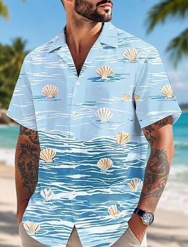  Herr Hav Skal Skjorta Hawaiiskjortor Lägerskjorta Kortärmad Hawaiisk Dagligen Helgdag Strandsemester Sommar Vår Kubansk krage 3D-utskrift Blå Gul Rodnande Rosa