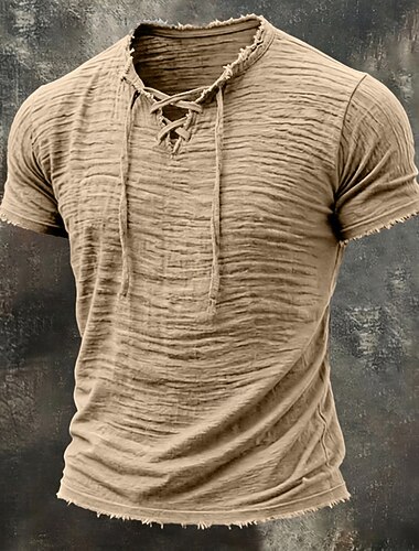  Herren T Shirt Leinen-T-Shirt Kurzarm Schnürhals Sommer Frühling Ganzjahres Einfarbig Texture Urlaub Vintage Sport Rohkante Lässig Heim Outdoor Weiß Wein Kaki Top T-Shirt für Herren