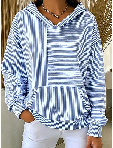 Mulheres Pulôver Moletom Com Capuz Imprimir Bolso frontal Gráfico Listrado Casual Manga Longa Com Capuz Tops regulares Casual Rua Dia a Dia Azul Primavera Outono
