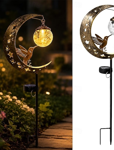  Solcelledrevne kolibrihagelys utendørs, knitrende glasskuleformede solcellelys med måne- og stjernedekor i metall, vanntette solcelledrevne gangstilys for hage, terrasse, plen, gangsti og