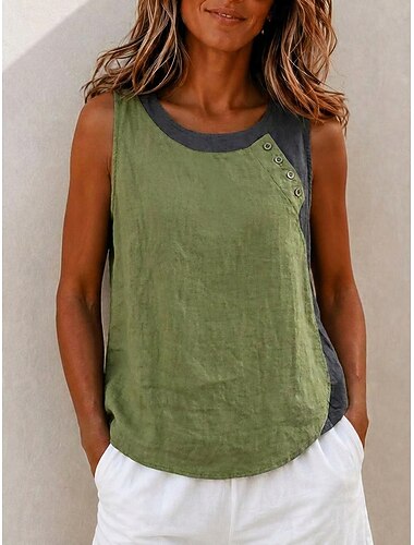  Per donna Camicia Blusa Patchwork Bottoni Asimmetrico Blocco di colori Vintage Senza Maniche Girocollo Collo quadrato Top Regolari Casuale Rosso Marrone chiaro Verde Estate Primavera