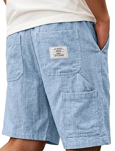  Herren Shorts Leinenshorts Sommershorts Freizeitshorts Kordelzug Elastischer Bund Cargotasche Einheitliche Farbe Leicht Atmungsaktiv Knielang Lässig Täglich Outdoor Urlaub Mode Khaki Schwarz