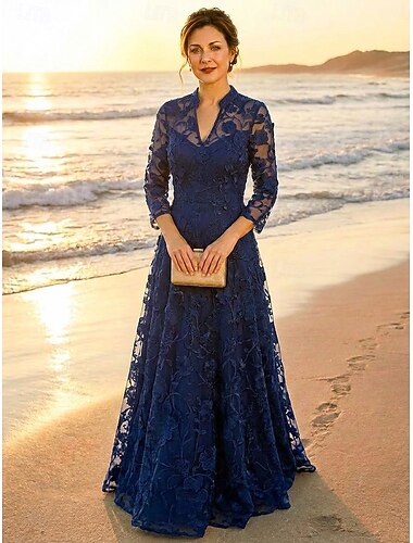  A-Linie Kleid Bodenlang Partykleid Cocktailkleid Brautmutterkleid Langarm V Ausschnitt Elegant Vintage luxuriös Formell Hochzeitsgast Verlobungsfeier Spitze Tüll mit 3D-Blumen Falten Stickerei