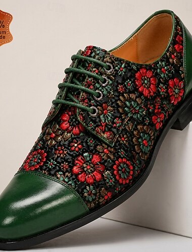  Scarpe eleganti da uomo in pelle nera e verde con stampa floreale in rilievo, scarpe formali Oxford di lusso per lavoro, matrimoni ed eventi di alto livello