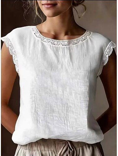  Mulheres Blusa Tops de renda Guarnição do laço Côr Sólida Tecido à moda Clássico Moderno Sem Manga Gola Redonda Tops curtos Casual Diário Feriado Azul Branco Rosa Roxo Cinzento Verão Primavera