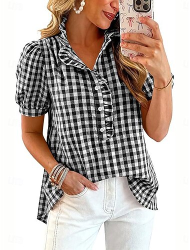  Mulheres Blusa Gráfico Xadrez à moda Casual Manga Curta Decote V Tops regulares Casual Diário Cáqui Preto Vermelho Verão Primavera