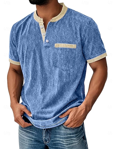  Per uomo Maglia Henley Camicia 100% cotone lavaggio acido Maglietta Manica Corta Tinta unita Retrò Vintage Casual Stile Vintage Blocco di colore Lavato Henley Casuale Primavera & Estate Estate