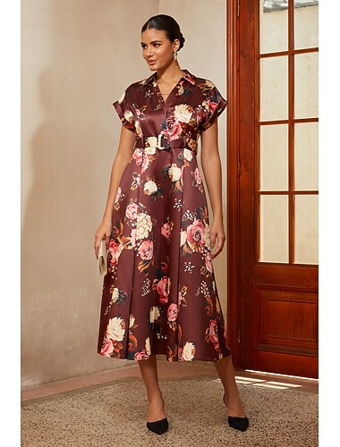  Femmes Ligne A Robe de Cocktail Robe d'invité de mariage Longueur thé Col en V Revers Manche Courte Épaules tombantes Taille haute Élégant ancien Décontracté Quotidien La mère de la mariée Semi-Formel