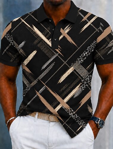  Herr Färgblock Geometrisk Pikétröjor Kortärmad Polotröjor Skjortor med krage Business Casual Fritids- Helgdag Dagliga kläder 3D-utskrift Knappar Nättyg som andas Sommar Vår Blå Svart Grön