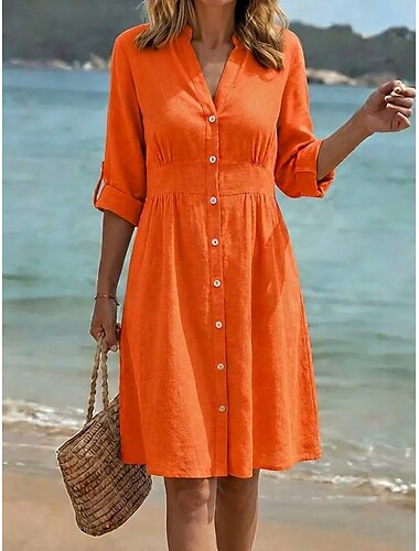  Femmes Robe Longueur Genou Robes en coton et lin Robe Chemise Élégant Vacances Classique Quotidien Bureau Vacances Coupe régulière Uni manche longue Col en V Rouge bleu marine Orange Été Printemps