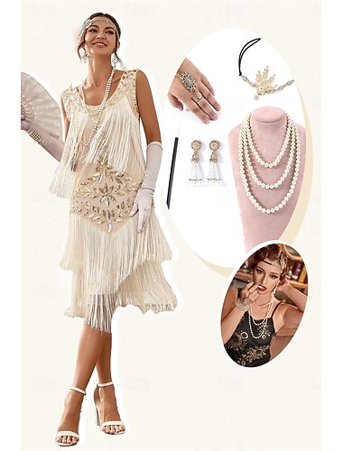  Glada 20-talet 1920-talet Middag Klänningar Flapper-klänning Kläder Ärmlös Den store Gatsby Bröllopsgäst Paljetter Tofs Rundhals Maskeradkläder Dam Jul Karnival Maskerad Kvällsfest Halloween lönnkrog