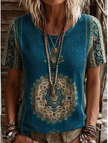  Femmes T-shirt Imprimé Fleuri Graphique Géométrique ancien Élégant Occasionnel Manche Courte Col en V Hauts Longs Occasionnel Quotidien Week-end Bleu Bleu / Violet Noir Jaune Vin Été Printemps