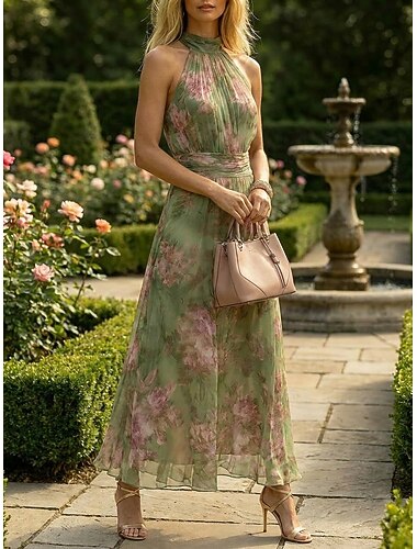  Dam Maxiklänning Chiffongklänningar Elegant Dagligen Utomhus Normal Blommig Ärmlös Halterneck Grön Vår