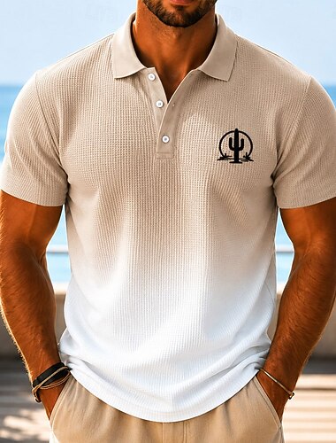  Herren Farbverlauf Waffel-Poloshirts Kurzarm Polo-Shirts Hemden mit Kragen Resort Athleisure Alltagskleidung 3D-Druck Knöpfe Atmungsaktives Gewebe Frühling & Sommer Blau Orange Braun