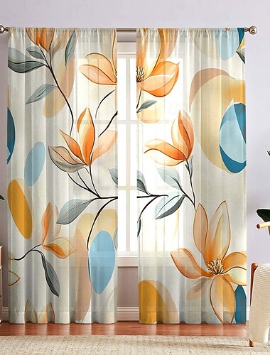  Transparente Fenstergardinen mit floralem Muster, elegante Voile-Vorhänge mit Blumen-, Pflanzen- und Blattmotiven für das Wohnzimmer, lichtdurchlässige Paravents