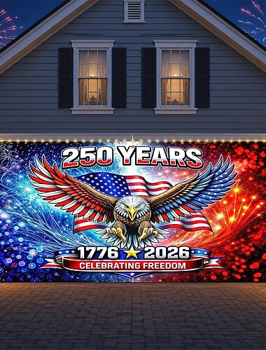  Garagentorabdeckung zum 250. Jahrestag der USA mit Lichterkette, Fotohintergrund mit Adlermotiv zum 4. Juli, USA-Banner (1776–2026) für patriotische Dekoration zum Unabhängigkeitstag