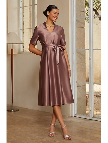  Femmes Ligne A Longueur thé Col haut Manche Courte Élégant ancien Formel avec Satin Ceinture
