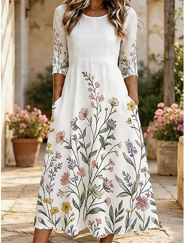  Per donna Abito Midi Abito a Tubino Vacanza Casual Boho Quotidiano Abito Estivo Abito Primaverile Vestibilità regolare Floreale Grafico Mezza Manica Girocollo Blu Bianco Rosa Verde Estate Primavera