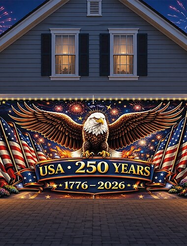  Garagentorabdeckung zum 250. Jahrestag der USA mit Lichterkette, patriotischem Adler und Flagge, große Garagentordekorationen, Dekoration für Partys zum Unabhängigkeitstag im Innen- und Außenbereich